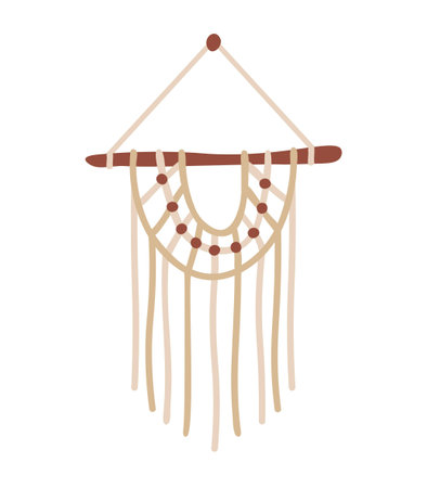 Wall macrame on a wooden stick. Modern home decor. DIY decoration. Scandinavian interior or hugge...
