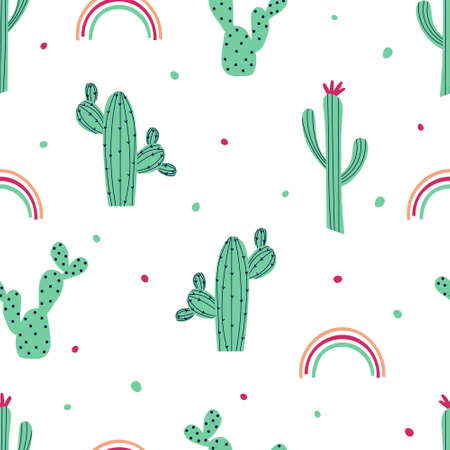 Seamless pattern with cactus and rainbow. Green cacti on a white background. Flat vector illustration.のイラスト素材