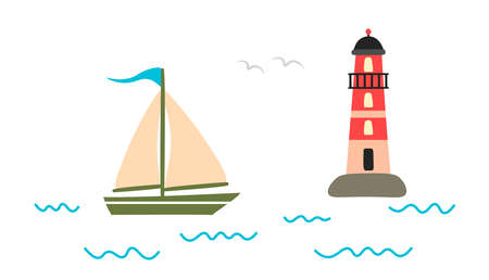 Sailing boat and lighthouse in an ocean. Marine nautical coastal tower. Cute boat with sails. Hand draw vector illustration on white isolated background. Flat illustration.のイラスト素材