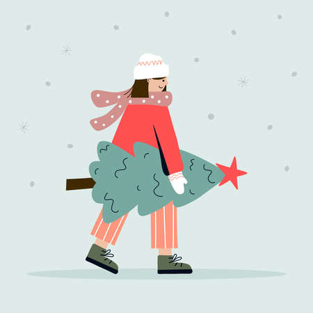 Female character carries a Christmas pine tree. Cheerful young woman with a Christmas fir tree. Christmas Eve or New Years Eve. Girl walking off a fair or market. Flat vector illustration.のイラスト素材