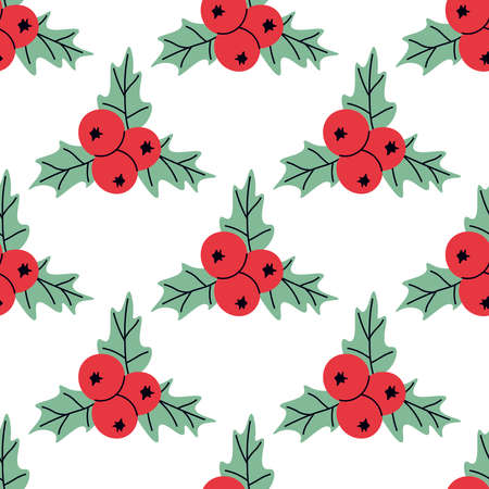 Seamless Christmas pattern with holly berry on a white background. Printing on paper or fabric. Flat vector illustration.のイラスト素材