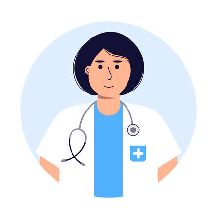 Woman doctor. Female character in medical uniform and with a stethoscope. Flat vector illustration isolated on white background.のイラスト素材