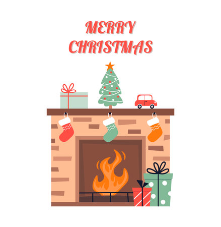 Merry Christmas. Fireplace with Christmas socks. Christmas tree and holiday decorations. New Year card in flat style. Vector illustration isolated on white background.のイラスト素材