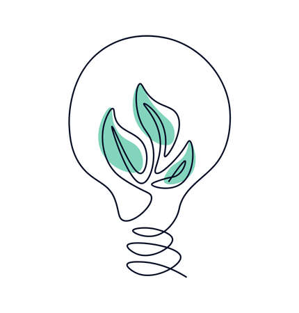 Green energy concept. Ecological energy sources. Plant inside a light bulb in a single line. Continuous line drawing of icons. Linear design on white isolated background.のイラスト素材