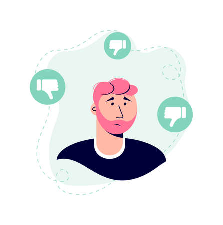 Sad young man surrounded by hands with thumbs down. Sad male character avatar. Guilt, shame and social disapproval concept. Flat vector illustration isolated on white background.のイラスト素材