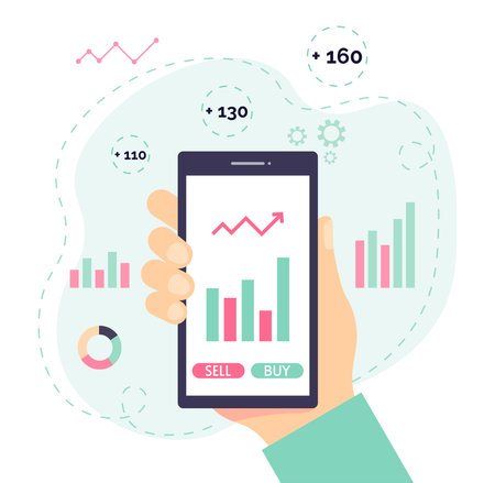 Hand holds a smartphone with a graph. Application for investing from a mobile phone. Investing and trading in the stock market. Trading in shares on the stock exchange. Successful investment concept.のイラスト素材