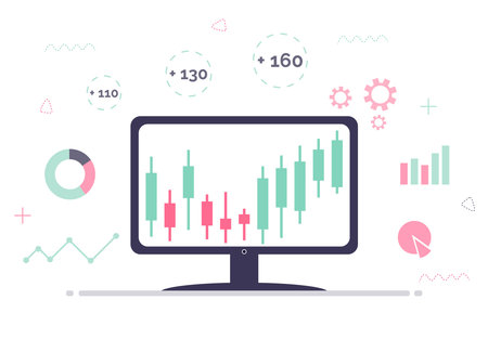Stock market trading concept. Stocks market graph chart on monitor screen. Technical analysis candlestick chart. Trading financial strategy. Flat vector illustration on white background.のイラスト素材