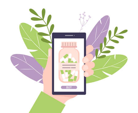 homeopathic pills. alternative medicine. Homeopathic treatment and phytotherapy concept. Herbal pills. Buying medicine online. Human hand holding smartphone while ordering medicines.のイラスト素材