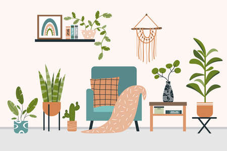 Biophilic interior design. Cozy living room interior. Chair among different plants. Pillow and plaid on armchair. Macrame hangs on wall. Flat vector illustration on white isolated background.のイラスト素材