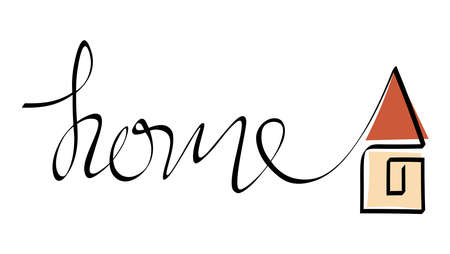 Single line inscription Home. Continuous lettering on white isolated background. Text hand drawn in one line. Minimalist vector illustration. For poster or banner.のイラスト素材