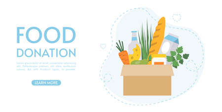 Box with different food. Charity, food donation for needy and poor people. food delivery. Financial support concept and social assistance. Flat illustration on white background. Landing page template.のイラスト素材