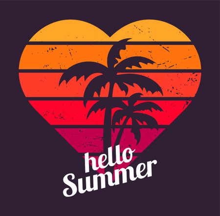 Sunset in vintage style. Heart shape with grunge texture. Neon colors on dark background. Hello summer flat illustration with grunge texture. Palm trees on background of heart. isolated illustration.のイラスト素材