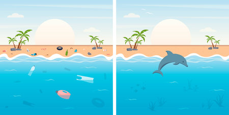 Polluted and clean sea water concept. Different garbage floating in ocean set. Clean coastline and polluted. environmental pollution concept. Global marine pollution and environmental problems.のイラスト素材