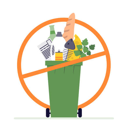 No mixed garbage collection. Garbage container with unsorted trash close-up and stop sign. Trash can and dumpster with heap of mixed rubbish. Unsorted organic, paper, plastic, glass and metal waste.のイラスト素材