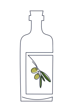Bottle of olive oil in one continuous line. Linear drawing in minimalist style with single line. Vector illustration on white isolated background.のイラスト素材