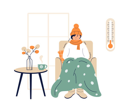 Young woman wrapped in plaid. Low house temperature and thermometer on wall. Person freezes from cold warming up with hot drink. Young woman sitting in armchair, shivering from cold.のイラスト素材