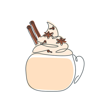 Hot drinks in one line. Coffee in single continuous line. Cup coffee with whipped cream and spices. Drawing in line art style. Tea in mug with cinnamon. Cozy autumn or Christmas illustration.のイラスト素材
