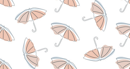 Seamless pattern with umbrellas. One line drawing open umbrella. Umbrella silhouette in single continuous line. Flat minimalistic color design. Vector illustration isolated on white background.のイラスト素材