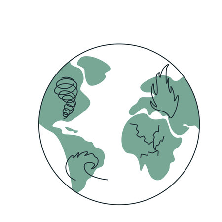 Climate change concept. Natural disasters all over planet. Flood, tsunami, wildfire, tornado, earthquake. Environmental disasters. Flat vector illustration isolated on white background.のイラスト素材