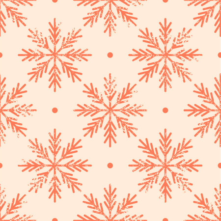 Seamless Christmas pattern. Orange snowflakes on light background. Vintage grunge texture. New Year vector background. For printing on paper or fabric. Holiday Xmas illustration.のイラスト素材