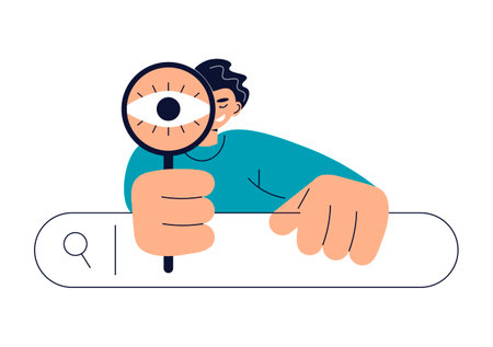 Business concept of searching for decisions, new ideas and opportunities. Surfing Internet. Character looks through magnifying glass. Online information search, query or research. Development concept.のイラスト素材