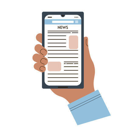 Hand holding smartphone with internet news media. Reading news on mobile phone display. Cellphone in human hand. World or financial news. Flat vector illustration on white isolated background.のイラスト素材