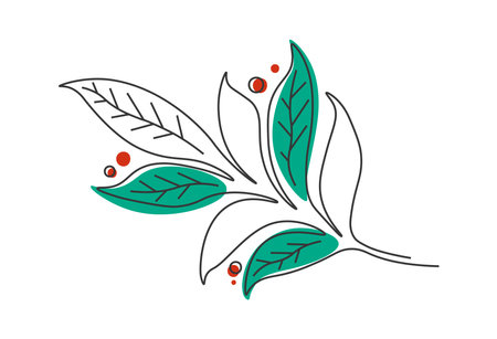 Branch with berries in single continuous line. Plant in minimalist style. One line drawing on white background. Editable stroke. Colored flat vector illustration.のイラスト素材