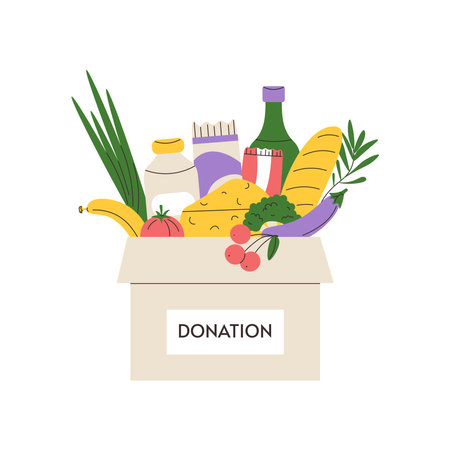Donation box full of different foods. Concept charity and social assistance. Food donation for needy people. Volunteer humanitarian assistance. Flat vector illustration on white isolated background.のイラスト素材