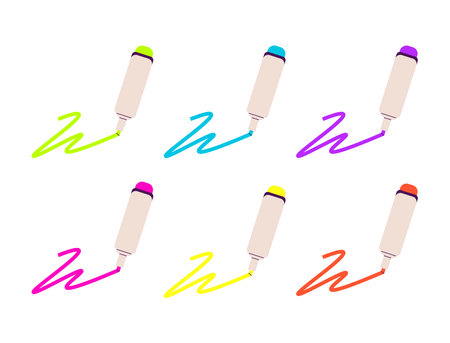 Bright neon marker. Text highlighter. Drawing blue felt tip pen. Underlining. Highlighting text thick line. Flat vector illustration isolated on white background. Markers set. Pink and green mark.のイラスト素材