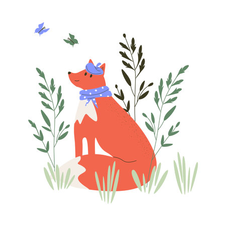 Funny fox in scarf and beret sits in forest. Cute forest animal with fluffy tail among plants. Spring or summer illustration. Hand drawing. Flat vector illustration isolated on whiのイラスト素材