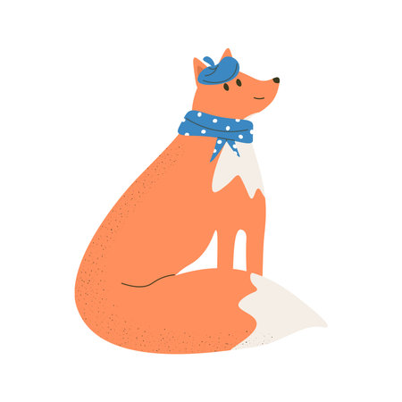 Hand drawn funny fox wearing scarf and beret on white background. Cute wild forest animal with fluffy tail. Woodland mammal sitting on white isolated background. Modern flat vectorのイラスト素材