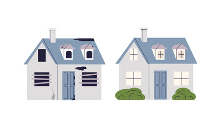 House facade before and after renovation. Old and new home. Front view. Reconstruction of city building. House exterior renovation. Urban cottage. Village dilapidated house. Suburban house. Vector.のイラスト素材