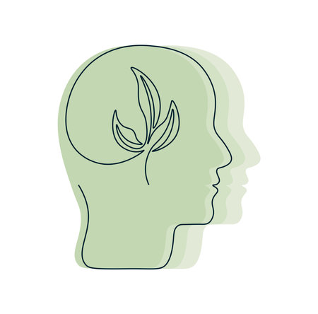 One line drawing human head with growing plant inside. Mental health concept in single continuous line. Positive thinking. Psychological growth. Taking care of yourself. Simple isolated vector.のイラスト素材