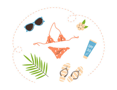 Women beach items. Female clothing. Sunscreen, bikini, sunglasses. Summer clothes for beach holiday. Flat vector illustration isolated on white background.のイラスト素材