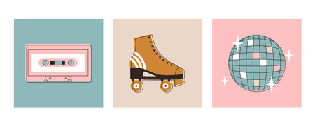 Set retro elements from 90s. Retro items. Roller skates, disco ball and audio cassette. 80s disco theme. Hand drawn illustration isolated on white background. Flat vector in modern style.のイラスト素材