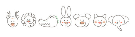 Set of childrens animal head icons. Cute woodland animals. One continuous line. Mammals, deer, lion, hare, cat, elephant, bear, crocodile. Single line doodle illustration on white isolated backgroundのイラスト素材