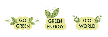 Eco friendly stickers set. Ecologic sustainable nature stamps. Organic elements design with leaves. Ecological green energy icons. Flat vector illustration isolated on white background.のイラスト素材