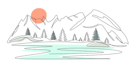 Mountain landscape with fir trees. Forest landscape with lake in one continuous line. Minimalistic hand drawing. Single line panoramic sketch. Editable color vector illustration on white background.のイラスト素材