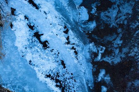 Ice with air bubbles and fancy fault lines, covered with snow in places , abstract pattern, background. Blue ice texture with dark water flowing under it. Frozen water on a lake in a winter forestの写真素材