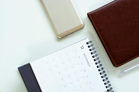 Office desk table with supplies. Flat lay Business workplace and objects. Top view. Copy space for text. Creativity, creative.の写真素材
