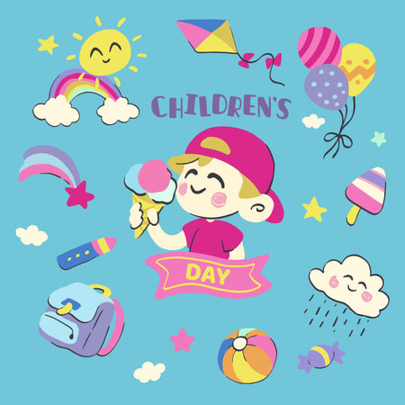 Hand drawing Children's Day greeting card with a boy surrounded by children's toys.のイラスト素材