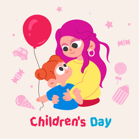 Hand drawn Children's Day greeting card with a happy child and mom. Mom hugging a child holding a balloon in cartoon style. On a pink isolated background with toys.のイラスト素材