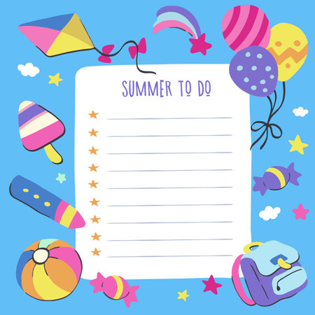 Hand draw summer to do list for kids cartoon style. Vector blank for a children's wish list or plans for the summer, in blue with children's toys on the backgroundのイラスト素材