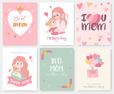 Mother's Day greeting cards in cute cartoon style. Set of 6 vector illustrations with different backgrounds, balloons, hearts, mother with a child and text.のイラスト素材