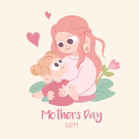 Vector illustration of joyous celebration of Happy Mother's Day, mother holding baby surrounded by flowers with hearts on the background.のイラスト素材