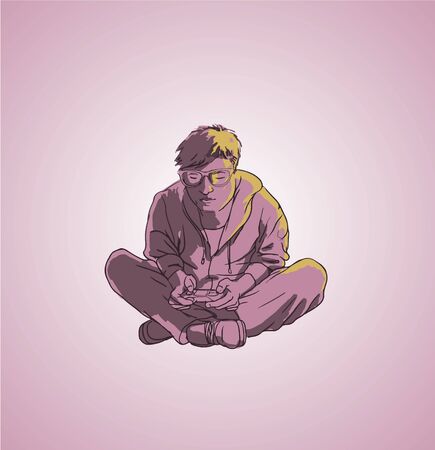 Young Man Gaming on a Mobile Console Deviceのイラスト素材