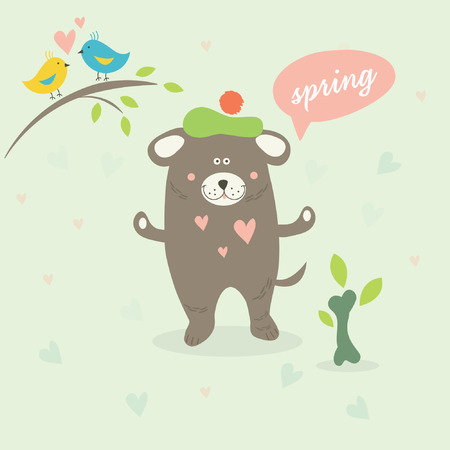 Illustration of a spring scene with a cartoon dogのイラスト素材