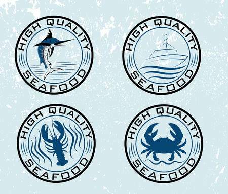 set of emblems seafood on grunge backgroundのイラスト素材