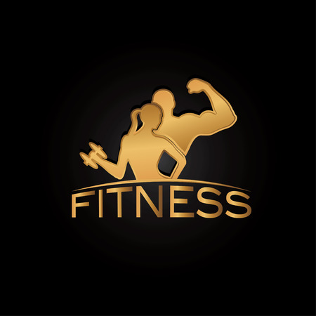 man and woman of fitness golden silhouette character on black backgroundのイラスト素材