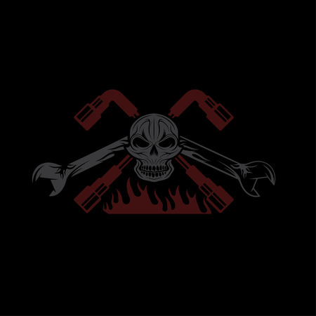 crest with skull,flame and spannersのイラスト素材